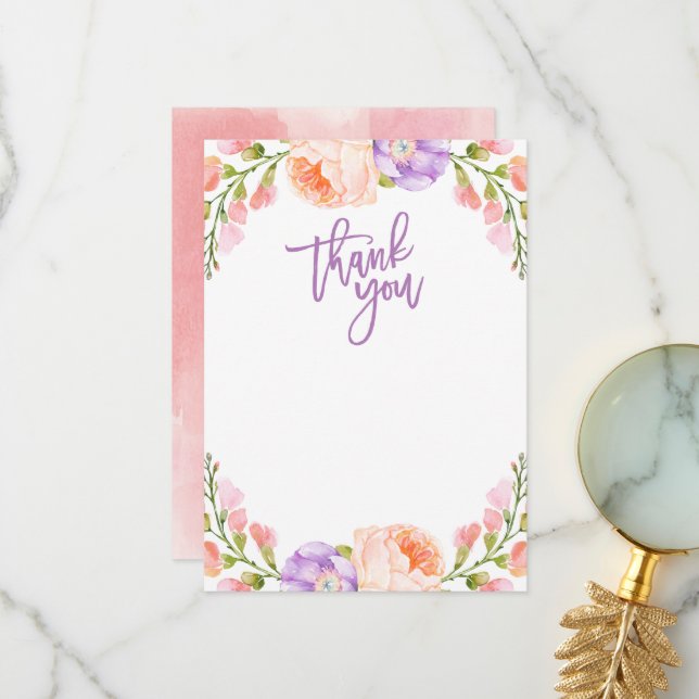 Watercolor Floral Blank Thank You Card (Front/Back In Situ)
