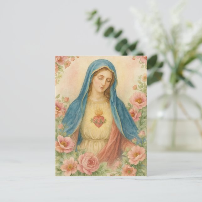 Watercolor Floral Blessed Mother Mary Catholic Postcard (Standing Front)