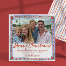 Watercolor Floral Block Print Photo Christmas Card