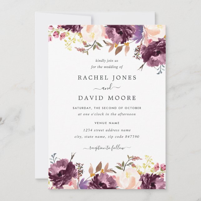 Watercolor Floral Bloom Purple Wedding Invitation (Front)