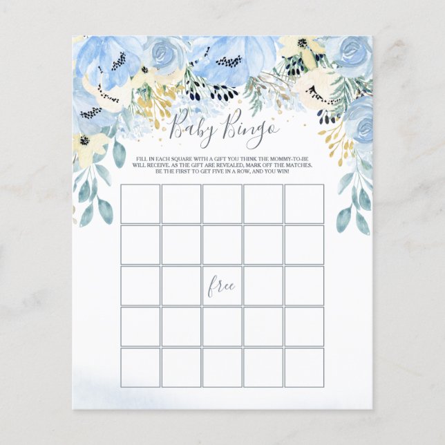 Watercolor Floral Blue Baby Shower Bingo Game  (Front)