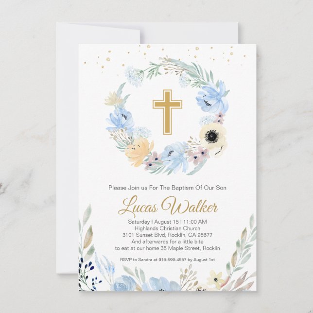 Watercolor Floral Blue Baptism Invitation (Front)
