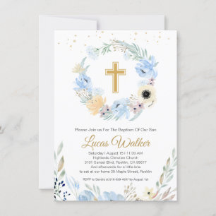 Watercolor Floral Blue Baptism Invitation