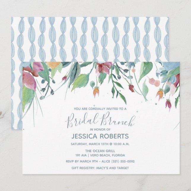 Watercolor Floral Blue Bridal Brunch Party Invitation (Front/Back)