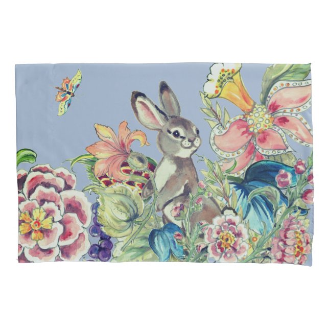 Watercolor Floral Blue Bunny Rabbit Chinoiserie Pillowcase (Front)