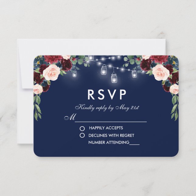Watercolor Floral Blue Burgundy Jars Wedding RSVP Card (Front)