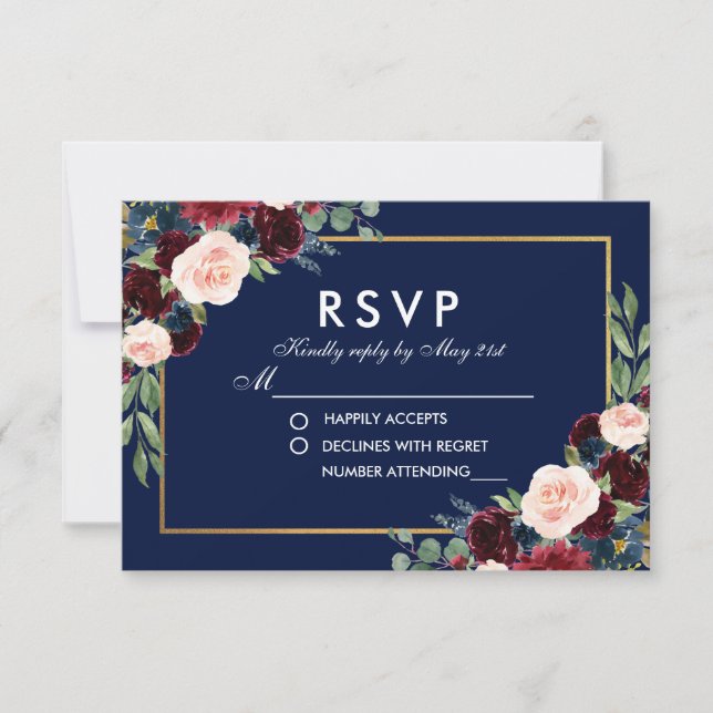 Watercolor Floral Blue Burgundy Wedding RSVP (Front)