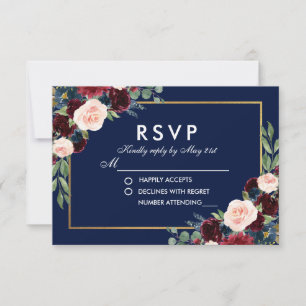 Watercolor Floral Blue Burgundy Wedding RSVP
