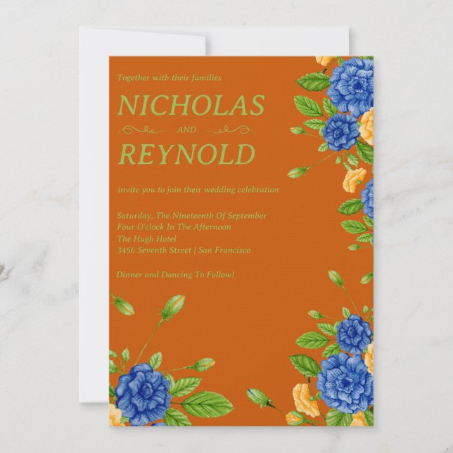 Watercolor Floral Blue & Burnt Orange Wedding Invitation (Front)