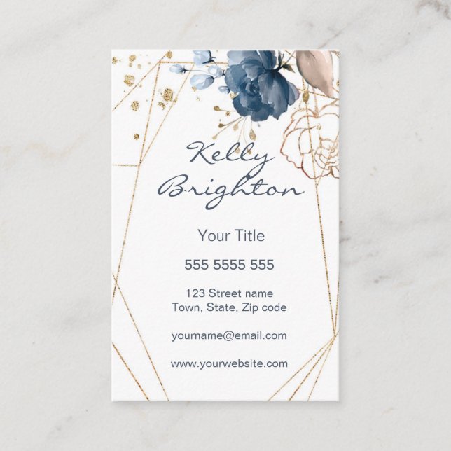 Watercolor floral blue & gold, geometric shape business card (Front)