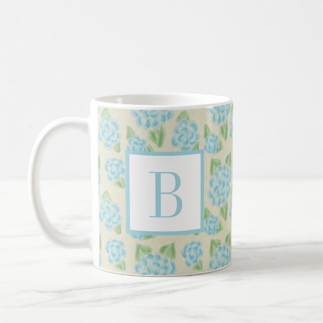 Watercolor Floral Blue Hydrangea Initial Monogram Coffee Mug (Left)