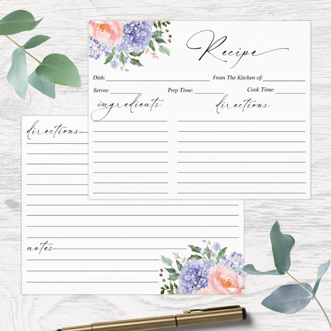 Watercolor Floral Blue Hydrangea Recipe Card (Close up photo)
