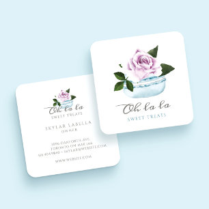 Watercolor Floral Blue Macaron Bakery & Sweets Square Business Card