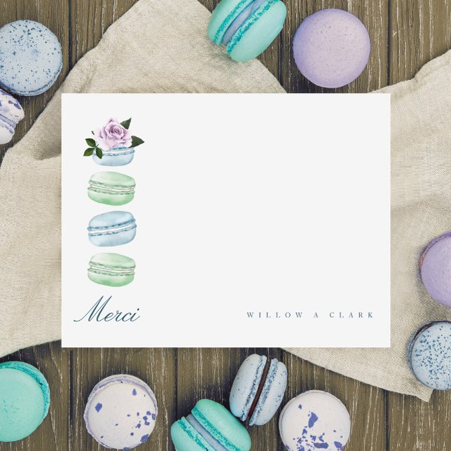 Watercolor Floral Blue Macaron Merci/Thank You Card (Creator Uploaded)