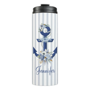 watercolor floral blue nautical stripes name thermal tumbler