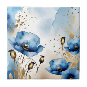 Watercolor Floral Blue Poppies Tile