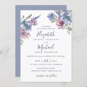 Watercolor Floral Blue Purple Blush Modern Invitation