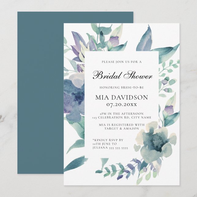 Watercolor Floral Blue Purple Green Bridal Shower Invitation (Front/Back)