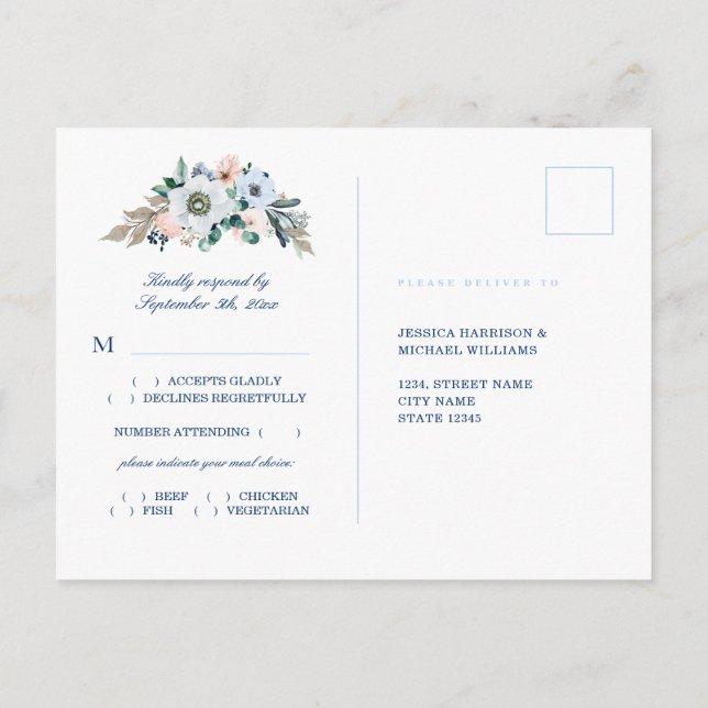 Watercolor Floral Blue Stripes Beach Wedding RSVP Postcard (Back)
