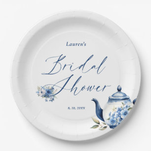 Watercolor Floral Blue Tea Party Bridal Shower Paper Plate