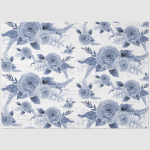 Watercolor Floral Blue Vintage Script Decoupage Tissue Paper