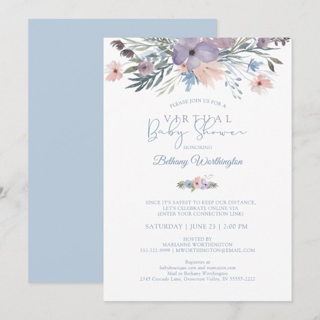 Watercolor Floral Blue Violet Virtual Baby Shower Invitation (Front/Back)