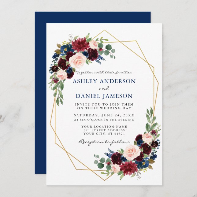 Watercolor Floral Blue Wedding Geometric Gold Invitation (Front/Back)