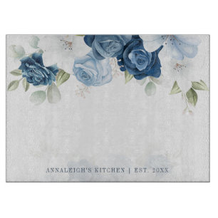 Watercolor Floral Blue White Botanical Cutting Board