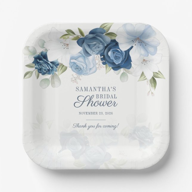 Watercolor Floral Blue White Flowers Greenery Paper Plate (Front)