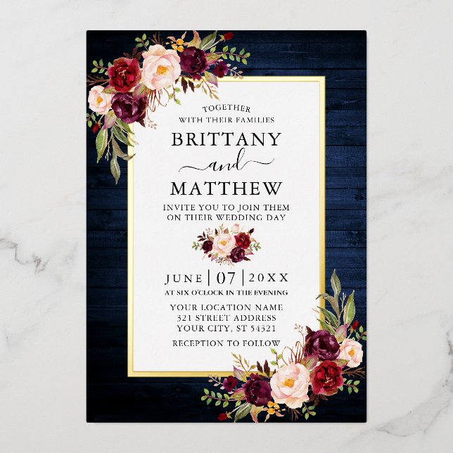 Watercolor Floral Blue Wood Wedding Gold (Front)