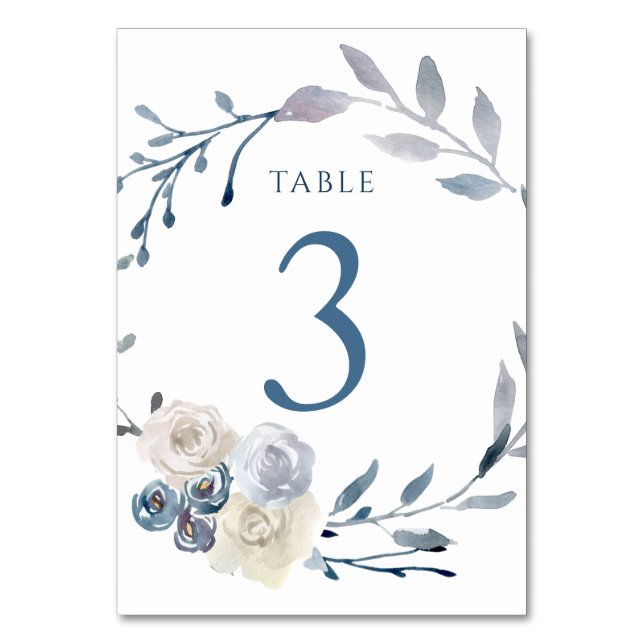 watercolor floral blue wreath Table Number 3 (Front)