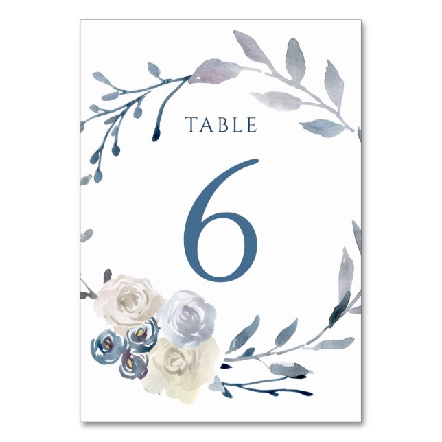 watercolor floral blue wreath Table Number 6 (Front)