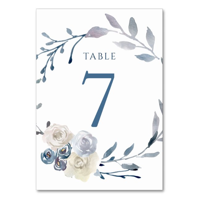 watercolor floral blue wreath Table Number 7 (Front)