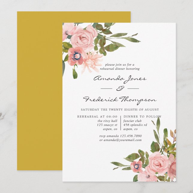Watercolor floral Blush and Gold Rehearsal Dinner Invitation (Front/Back)