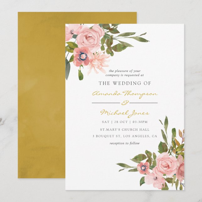 Watercolor floral Blush and Gold Wedding Invite (Front/Back)