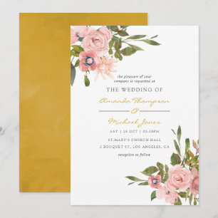 Watercolor floral Blush and Gold Wedding Invite