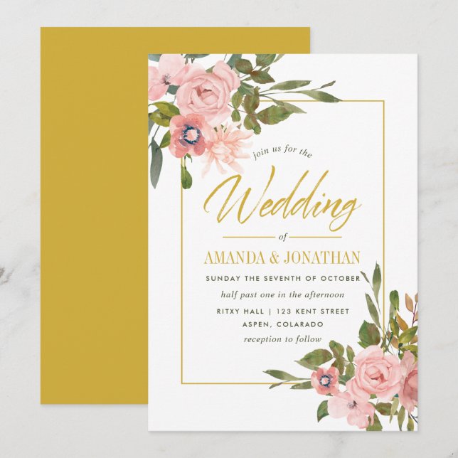 Watercolor floral Blush and Gold Wedding Invite (Front/Back)