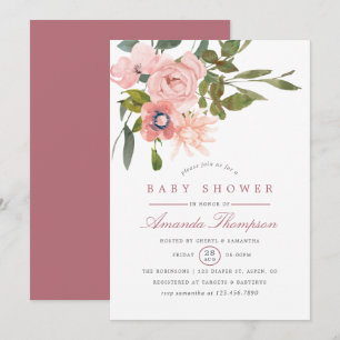 Watercolor floral Blush and Rose Gold Baby Shower Invitation