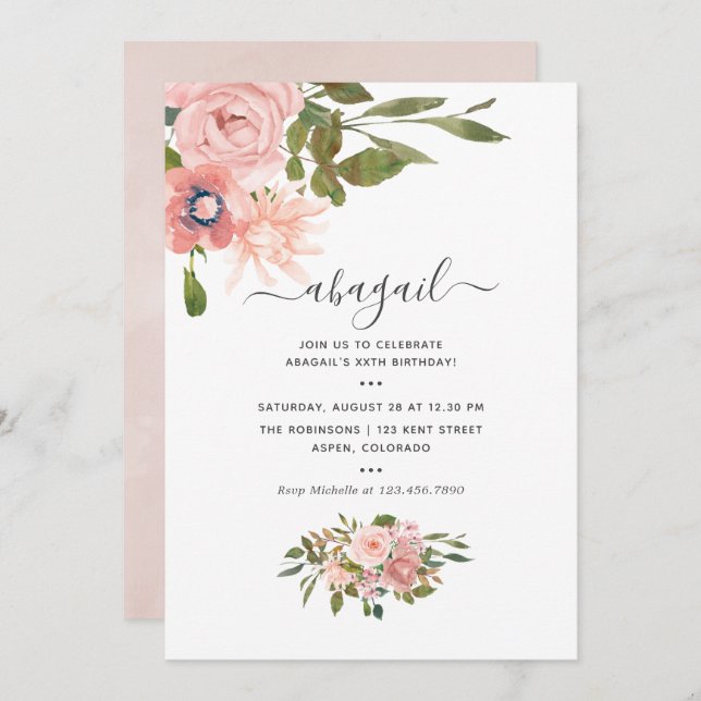 Watercolor floral Blush and Rose Gold Birthday Invitation (Front/Back)