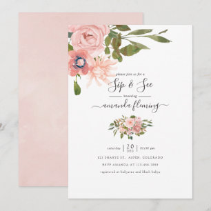 Watercolor floral Blush and Rose Gold Sip and See Invitation