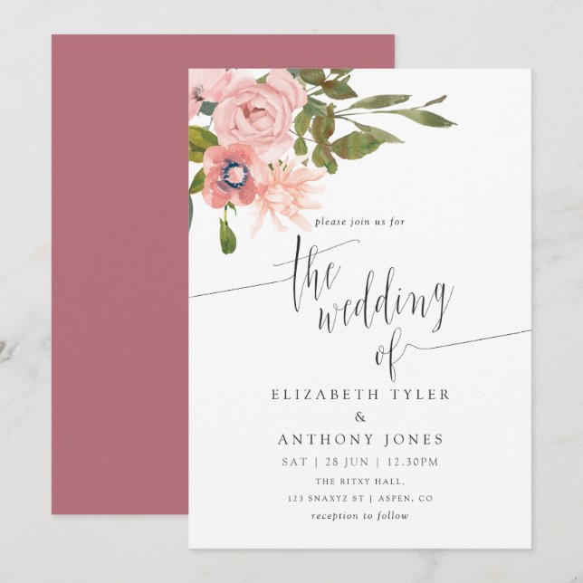 Watercolor floral Blush and Rose Gold Wedding Invitation (Front/Back)