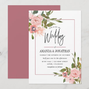 Watercolor floral Blush and Rose Gold Wedding Invitation