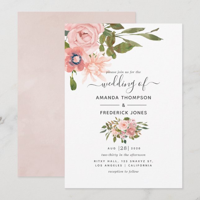 Watercolor floral Blush and Rose Gold Wedding Invitation (Front/Back)