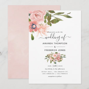 Watercolor floral Blush and Rose Gold Wedding Invitation