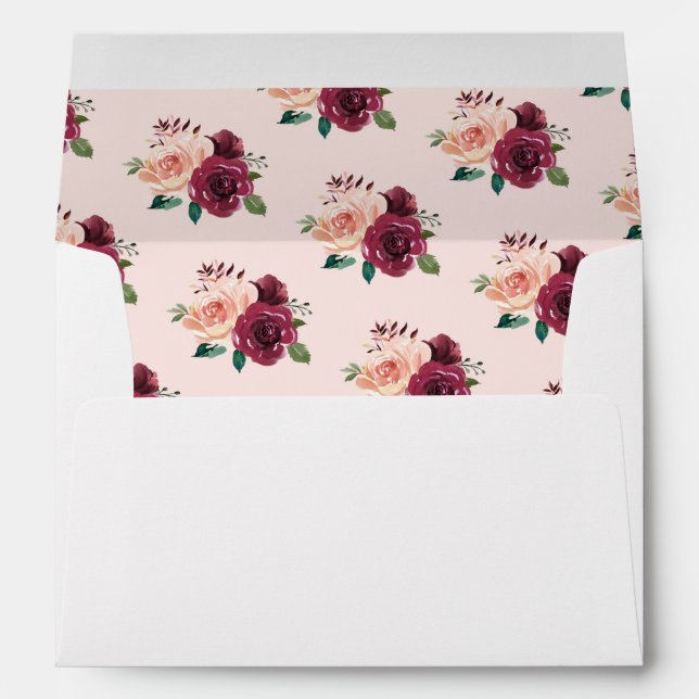 Watercolor Floral Blush Burgundy Roses Wedding Envelope (Back (Bottom))