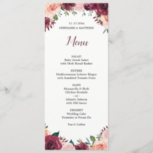 Watercolor Floral Blush Burgundy Roses Wedding Menu