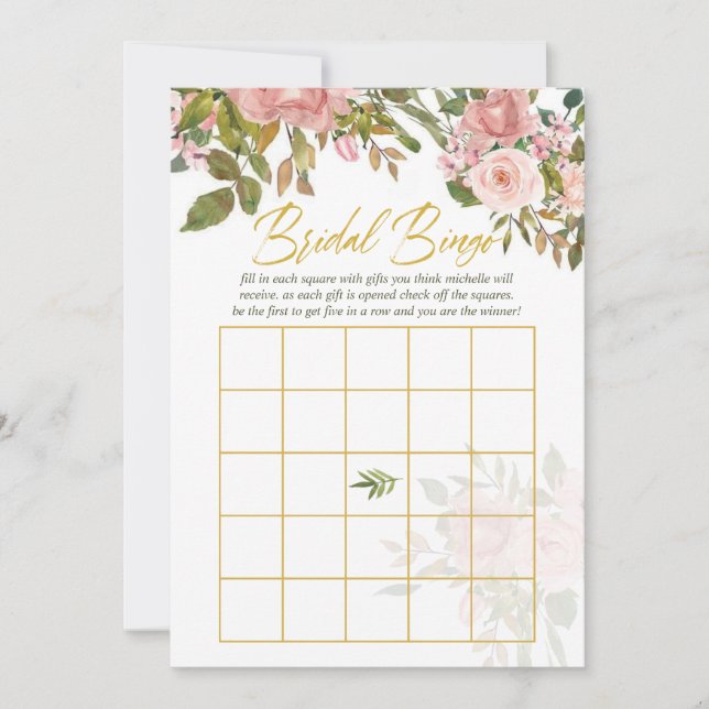 Watercolor floral Blush Pink and Gold Bridal Bingo (Front)