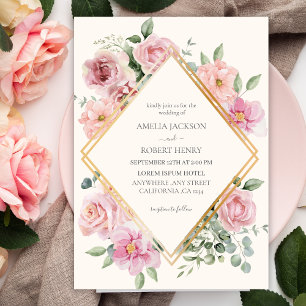 Watercolor floral Blush pink and gold Wedding Invitation