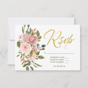 Watercolor floral Blush Pink and Gold Wedding RSVP Card
