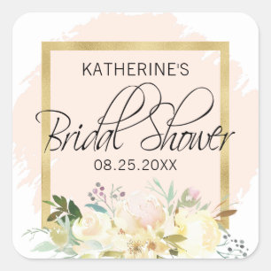 Watercolor Floral Blush Pink Gold Bridal Shower Square Sticker